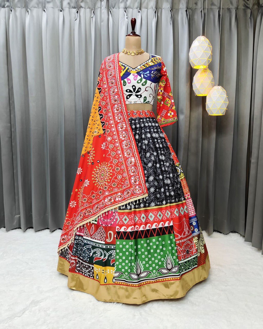 Navaratri retailer Special Silk Lehenga Choli & Dupatta In Digital Print With Glued Real Mirror Work For Women For Garba Event, Navratri Pooja